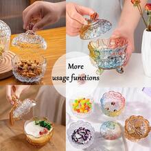 Contenedor de polvo de vidrio de lujo de 4 pulgadas con 2 borlas suaves para polvo suelto - 1 Puff beige y 1 lazo rosa con mariposa-ámbar - Ver 2