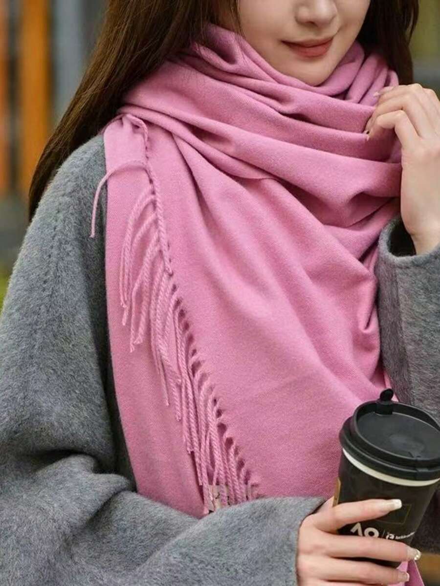 MilyModa Women's Faux Cashmere Scarf, Thin Winter Scarf, 150g With Fringe - Rose - View 1