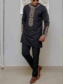 New African Traditional Clothing For Men Embroidered Top And Casual Pants 2 Pieces Kaftan Suit For Men - Black - View 2