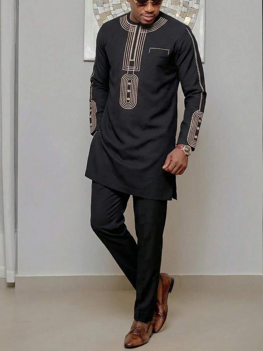 New African Traditional Clothing For Men Embroidered Top And Casual Pants 2 Pieces Kaftan Suit For Men