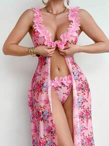 Women's Lace Floral Mesh Petticoat Two-Piece Outfit, Flower Embroidered Suspender Design, Front Slit Sheer Mesh Matching Bottoms, Valentine's Day Date Night Festival Clubwear - [多色的] - 查看 2