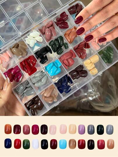 576pcs/Box Colorful Oval Short Square Fake Nails Glossy 24 Solid Colors Full Cover Artificial Fingernail False Nail Tips Soft Gel Press On Nails For Woman Party Daily Wear