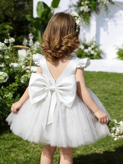 Baby Girl Cap Sleeve Bow Tulle Party Dress, Elegant Princess Dress For Girls, Suitable For 1st Birthday Gift, Banquet, Evening Party, Important Occasions