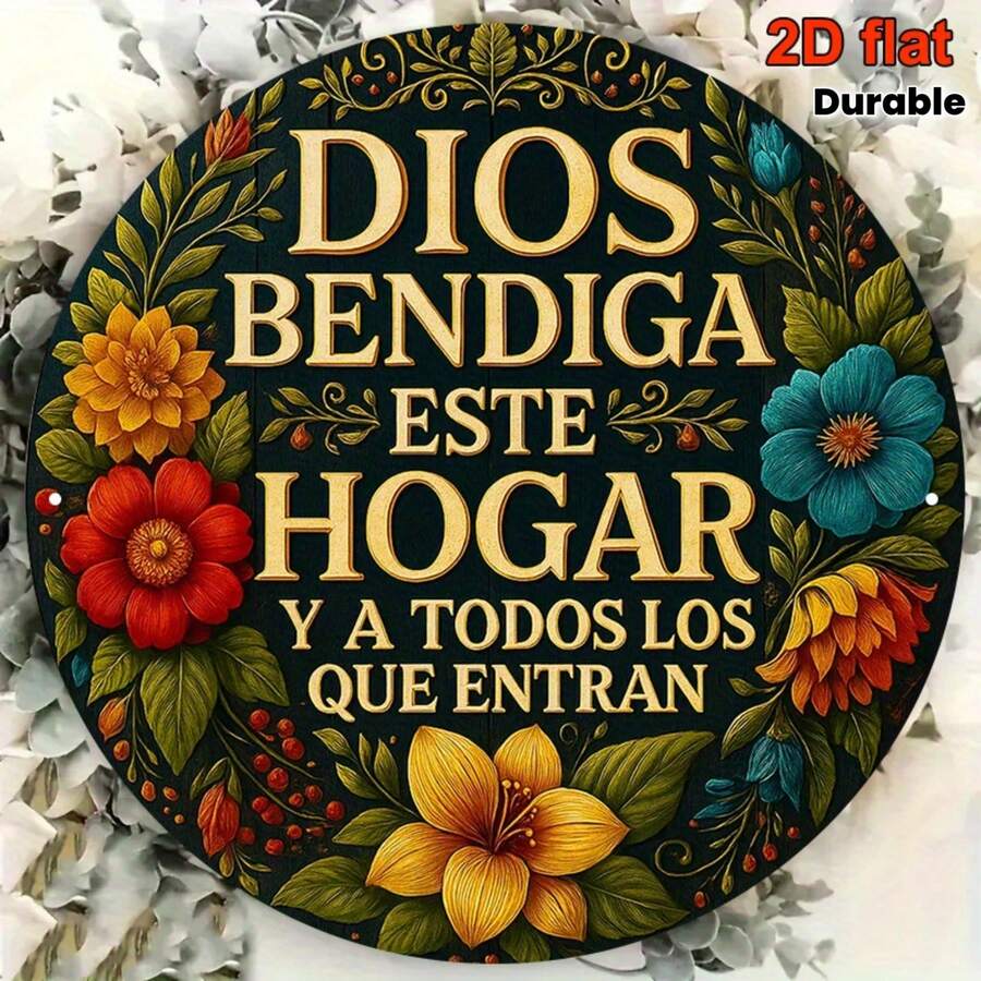 2D Flat, 1 Piece Spanish Prayer Plaque "God Bless This Home" - Bilingual English-Spanish Religious Wall Decoration, Includes Latin Blessings, Vintage Round Altar Sign, Suitable For Home, Christmas, Kitchen, And Foyer, Durable, Spanish Text Decoration - 1PC - View 1