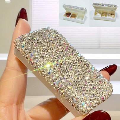 1pc High-Quality Sparkling Rhinestone Decorated 3-Compartment Pill Box, Convenient For Storing Vitamins, Fish Oil, Small Jewelry, Practical Gift For Holidays