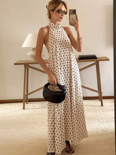 Women's Beige Polka Dot Sleeveless Dress, Loose Flowy Casual Summer Beach Vacation Dress, Elegant Party Sundress
