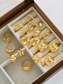 17pcs Fashionable Exaggerated Retro Punk Style 3D Heart, Star, Geometric Line, Ball Shaped Ring Set, Stackable Daily Wear Rings For Women (No Box) - Yellow Gold - View 2