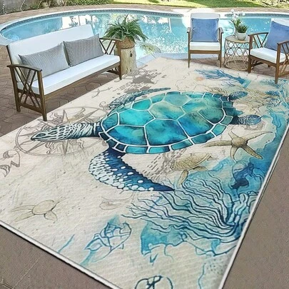 1 pièce Tapis ultra-fin lavé, tapis rectangulaire minimaliste bleu brumeux avec tortue de mer, couverture de plage, tapis de pique-nique, tapis de salle à manger extérieure, couverture de camping pour plusieurs personnes, convient pour le patio, le camping-car, le camping, les zones intérieures et extérieures, le printemps et l'automne