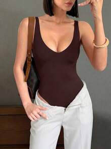 女士休闲日常通勤简约纯色深V领修身连体衣，夏季优雅 - 咖啡棕 - 查看 9