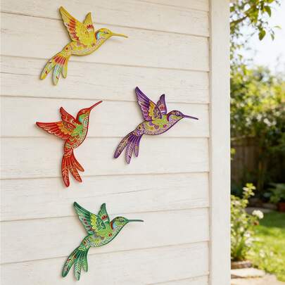 4件套金属蜂鸟墙饰，适用于室内外装饰，阳台、露台、围栏、家居装饰——送给爱鸟人士的理想礼物，非常适合户外墙面装饰。