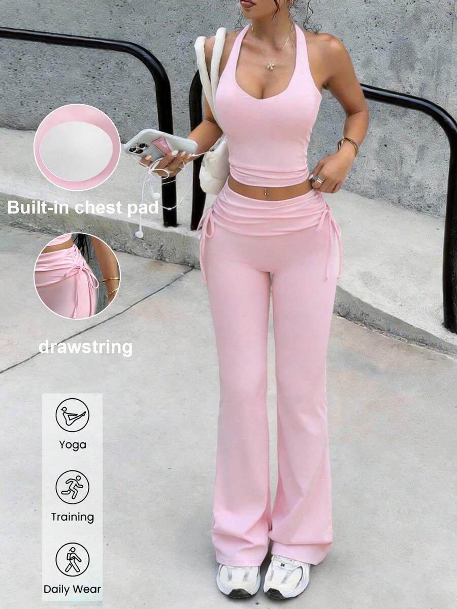 Bộ đồ thể thao 2 mảnh Ocita dành cho nữ mùa xuân/hè, màu trơn, gồm áo tank top cổ chữ V ôm sát và quần ống loe cạp cao, thích hợp cho tập thể dục, chạy bộ, thể thao ngoài trời, yoga và tập gym. - Hồng - Xem 1