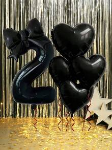 7-Piece 32-Inch Number Balloon Set, Black 0-9 Number Balloons With Bows And Hearts, Aluminum Foil Balloons. Suitable For Birthday Parties, Anniversaries, First Birthdays, And Room Decorations. - Black - View 3