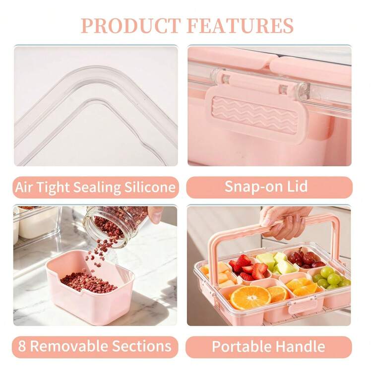 8格便携式水果收纳盒，带盖防漏零食盒，适合学校、工作、旅行 - 彩色 - 查看 4
