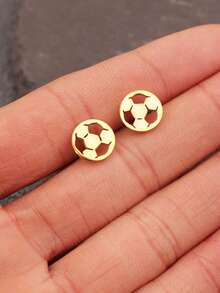 Pendientes de botón con diseño de balón de fútbol de acero inoxidable, no se desvanecen, pequeños y esféricos, adecuados para el uso diario de las mujeres - Dorado - Ver 1