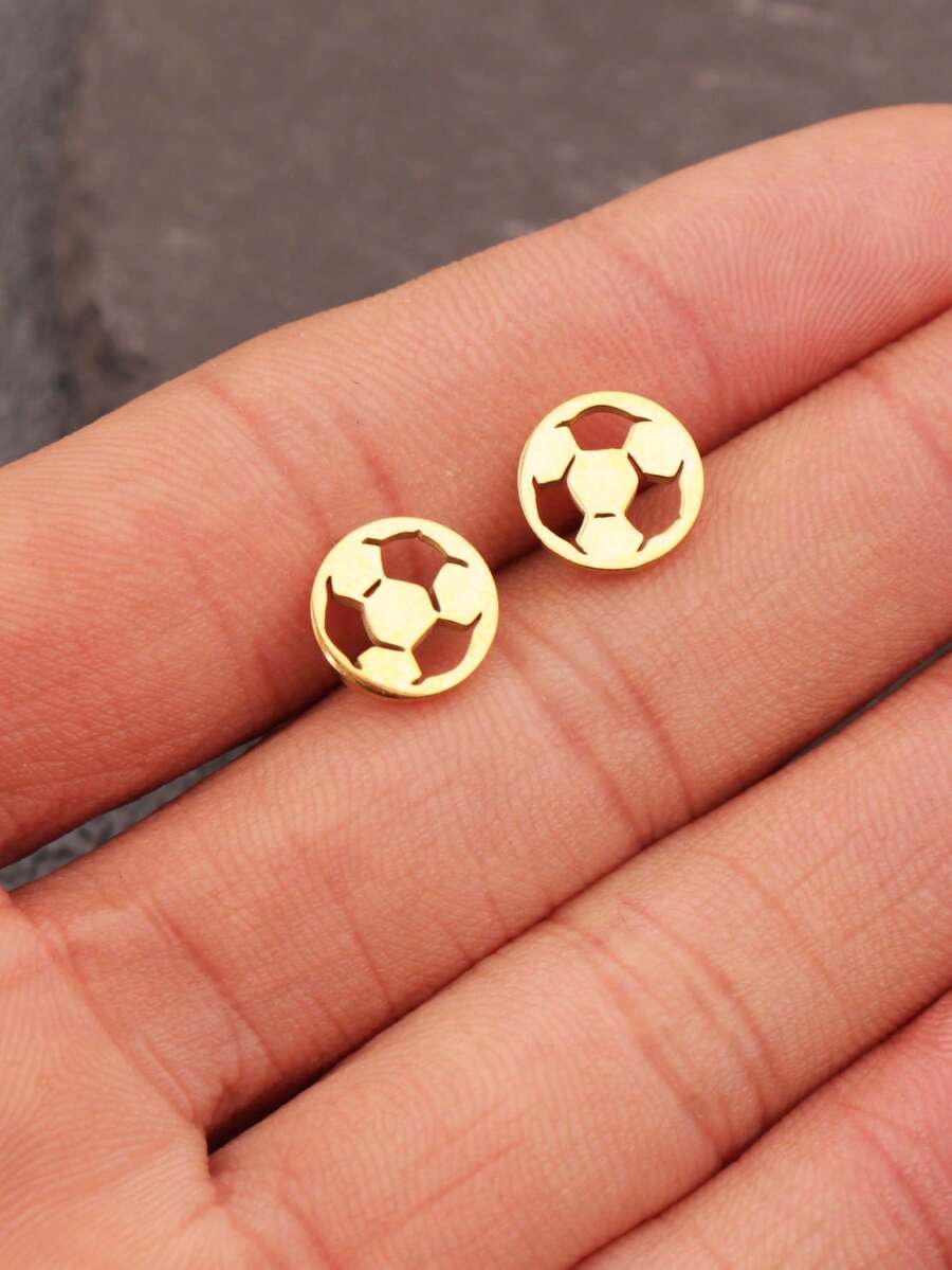 Pendientes de botón con diseño de balón de fútbol de acero inoxidable, no se desvanecen, pequeños y esféricos, adecuados para el uso diario de las mujeres - Dorado - Ver 1