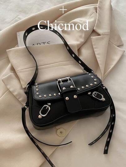 Fashionable Solid Color Rivet Decor Underarm Snap Flap One Shoulder Bag, Suitable For Shopping, Wallet Carrying, Young Women, College Students, Newlyweds, White-Collar Etc. Also Suitable For Office, University, Work, Business, Commuting, Outdoor Activities, Travel And Outing Occasions.