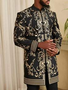 Men's Suit Long Sleeve Retro Printed Jacket And Casual Pants 2 Pieces African Style Men's Casual Fashion Traditional Suit - 黑色 - 查看 2