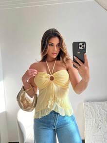 Women's Semi-Sheer Polyester Tank Top With Halter Neckline, Regular Length, And Medium-Stretch Fabric. - Yellow - View 5