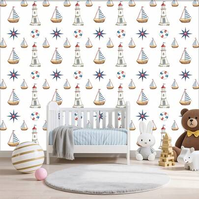  1 Roll 17.5 Inch Wide Children's Cartoon Nautical Sailboat Self-Adhesive Wallpaper, Easy To Clean DIY Trimmable Removable Waterproof Peel And Stick Lighthouse Compass Print Wall Decal Suitable For Nursery, Kids Bedroom, Playroom