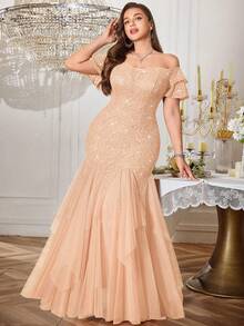 Plus Off Shoulder Ruffle Sleeve Sequin Floral Lace Contrast Mesh Ruffle Hem Evening Party Long Dress, Homecoming Dress, For Prom, Wedding Guest, Graduation - Rượu sâm banh - Xem 11