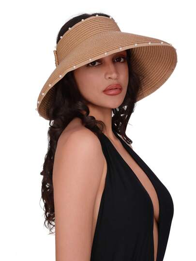 Mũ rộng vành đan bằng rơm kiểu ngọc trai - Mũ mùa hè phong cách Bohemian giản dị ngoài trời với nơ ruy băng đen, chống tia UV cho bãi biển, vườn và du lịch | Phụ kiện nhẹ, thoáng khí phong cách Boho-Chic
