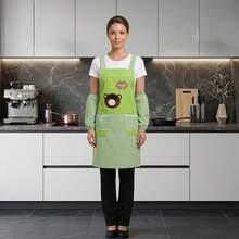 1pc Japanese Cotton Linen Kitchen Apron, Anti-Oil Adult Cooking Smock, Cafe Uniform, Artistic Apron - Bear-shaped Apron With Sleeves - Green - View 8