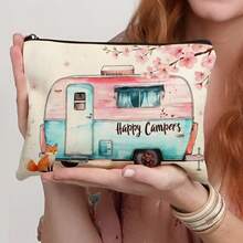 1 pieza Bolsa de maquillaje con estampado floral de caravana vintage - Estuche de cosméticos de viaje de acuarela "Happy Campers" organizador portátil de lona con cremallera para mujeres, niñas y amantes del camping - Multicolor - Ver 11