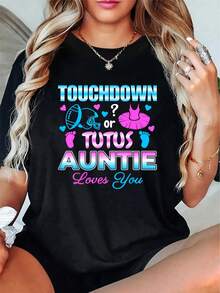 Camiseta Unisex 100% Algodón para Fiesta de Revelación de Género "Touchdown" o "Tutus Auntie Baby Shower", Algodón Suave, Transpirable, Manga Corta para Uso Casual de Verano - Negro - Ver 6