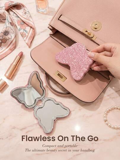 Double-Sided Makeup Mirror, 1pc Glitter PU Leather Pink Cute Butterfly Decor Flip Cover Compact Mirror, High Definition Portable Small Mirror For Student, Commute, Travel, Wedding, Date, Gift