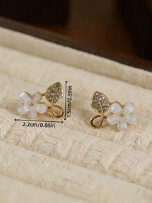 1 Pair Fashionable Delicate Sweet Unique Rhinestone Flower & Leaf Stud Earrings, Versatile For Women Daily, Festival, Date Wear - Flowers and Leaves - View 5