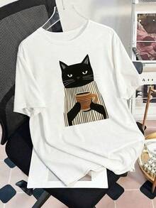 Printed Round Neck Short Sleeve Casual T-Shirt For Women, Featuring A Black Cat Wearing A Striped Turtleneck Sweater Holding An Orange And Black Striped Coffee Cup, Creating A Relaxed Slow-Paced Lifestyle, Suitable For Spring, Summer, Autumn - White - View 5