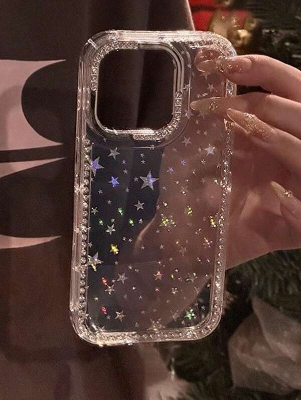 1pc Luxury Bling Rhinestone Fashion Electroplated Rhinestone Edged Transparent Shockproof Phone Case With Shiny Star Design, Compatible With IPhone 17/17 Air/17 Pro/17 Pro Max, 16, 16 Pro, 16 Plus, 16 Pro Max, 15, 14, 14 Pro Max, 13, 12, 11, Full Body Protection, Spring Gift Party