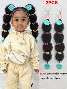 2 件套儿童马尾假发套装,可爱小巧的玛丽泡泡式蓬松非洲风情编织马尾辫,配彩色发饰(发饰颜色随机) - 自然黑 - 查看 9