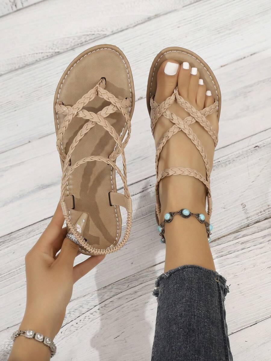 Dép xăng đan chéo co giãn dành cho nữ, kiểu dáng thanh lịch, thời trang nghỉ dưỡng, phong cách bohemian, thoải mái, gợi cảm, làm từ da PU, thích hợp cho mùa hè, đi biển, dép xỏ ngón. - Màu be - Xem 1