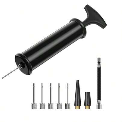 Bomba de aire portátil, juego de inflado de balones con aguja, boquilla y manguera de extensión, adecuado para fútbol, baloncesto, voleibol, waterpolo, rugby, deportes, pelotas deportivas, aros de natación e inflables. Kit completo de bomba manual con aguja, manguera flexible, manómetro y bolsa de transporte, ideal para baloncesto, fútbol y voleibol