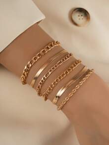 Set de 6 piezas de pulseras de cadena dorada en capas para mujeres, paquete de pulseras apilables con eslabón cubano y trenzado de espiga, joyería de moda minimalista para uso diario y de fiesta - Set 6 piezas cadena simple dorada - Ver 4