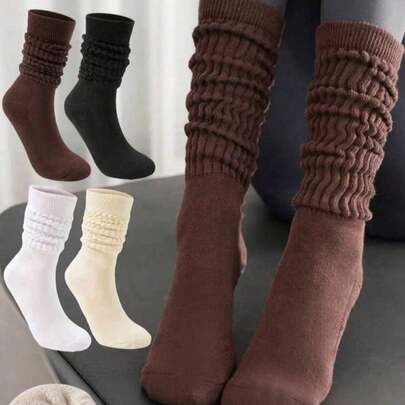 4/3/2/1 Pair Double Autumn And Winter Plus Velvet Thickened Women's Knee-High Socks, Cushioned Sock Bottom, Warm Terry Socks, Mid-Calf Socks, Thigh-High Socks, Calf-Length Socks, Slouch Socks, Scrunchy Socks, Indoor Fitness Yoga Socks, Solid Color Sports Pilates Floor Socks, Comfortable And Breathable