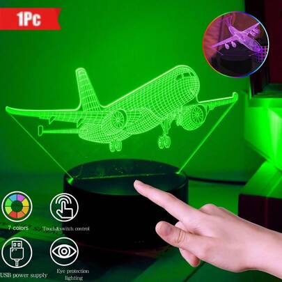 1pc 3D Creative Night Light Airplane Series Small Night Light, Black Base 3D Touch Lamp, Bedroom 7-Color Ambient Light, Living Room Bedside Christmas Birthday Decorative Lighting, Perfect Gift Lamp