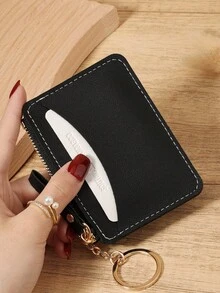 Minimalist Mini Wallet With Keychain, Zippered Card Holder & Coin Purse, Small Key Ring Organizer For Women, Casual Daily Carry Pouch For Travel - Black - View 4