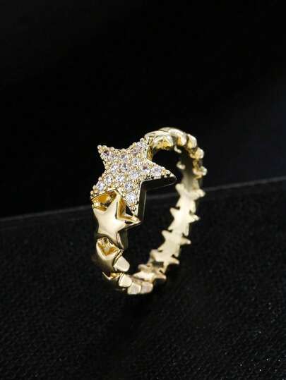 Men Cubic Zirconia Star Decor Ring Copper Punk Hip Pop Style, For Jewelry Gift And Party