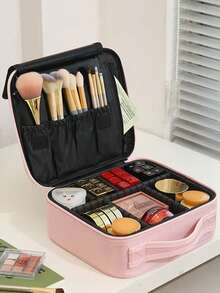 Large Capacity Minimalist Makeup Bag, With Two Removable Dividers, Portable Makeup Organizer With Handle, Durable Water-Resistant Cosmetic Storage Bag With Zipper And Adjustable Strap, Suitable For Travel And Events, Essential For Professional Makeup Artists (Removable Dividers Shipped Randomly),Bedroom Room Decor,Back To School - Black - View 8