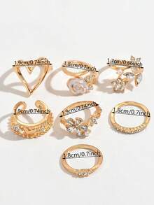 7件套优雅简约油滴花朵水晶心形金色戒指套装，适合度假、约会、派对、婚礼、节日、生日礼物，百搭日常佩戴 - 金黃色 - 查看 4