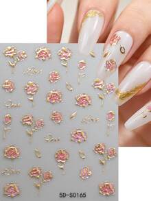 3pcs/Set Pink Sakura & Rose Nail Stickers, 5D Embossed Stamping Gold Romantic Floral Leaves Nail Decals, Self-Adhesive Nail Decorations For Women & Girls Spring Manicure - Multicolor - View 5