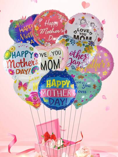 10个/套 18英寸 母亲节快乐 圆形心形铝箔气球 爱你妈妈 氦气球 母亲节装饰 妈妈礼物