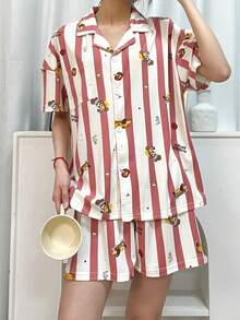 2pcs Women Pajama Set, Cute Dog Print Striped Short Sleeve Top And Shorts, Casual Comfortable Homewear, Suitable For Spring/Summer - Multicolor - View 1