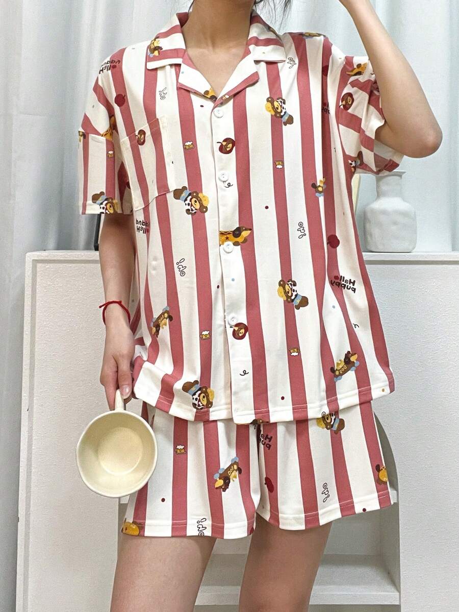 2pcs Women Pajama Set, Cute Dog Print Striped Short Sleeve Top And Shorts, Casual Comfortable Homewear, Suitable For Spring/Summer - Multicolor - View 1
