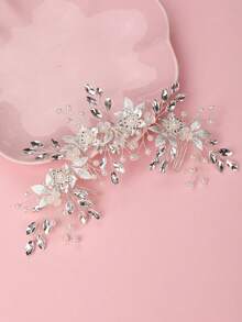 1 pieza Peine de cabello con flores y hojas de diamante de imitación, adecuado para uso diario en múltiples ocasiones - Plateado - Ver 4