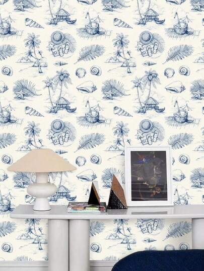  1 Roll 44.5cm (17.5in) Waterproof Beach Grass Handpainted Self-Adhesive Wallpaper, Easy To Clean DIY Trimmable Removable Palm Tree & Shell Print Wall Sticker For Bedroom, Bathroom, Hotel Room, Home Decor