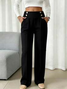 女士弹力腰双扣设计宽松阔腿裤，无弹力轻盈直筒休闲裤，建议选小一码，优雅休闲，适合春夏日常通勤，黑色 - 黑色 - 查看 2