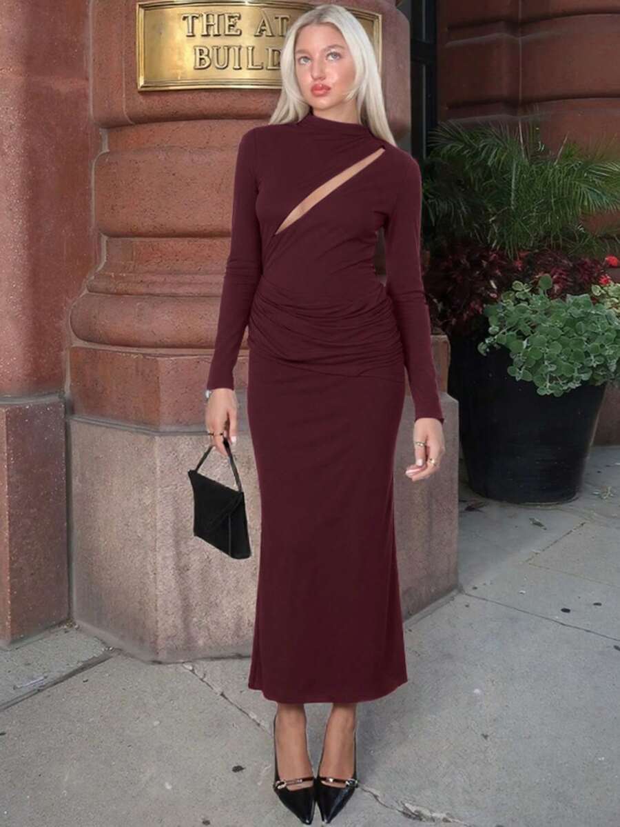 Vestido mujer invierno 2026, elegante, manga larga, corte ajustado, detalles calados, estilo sencillo - Burdeos - Ver 1